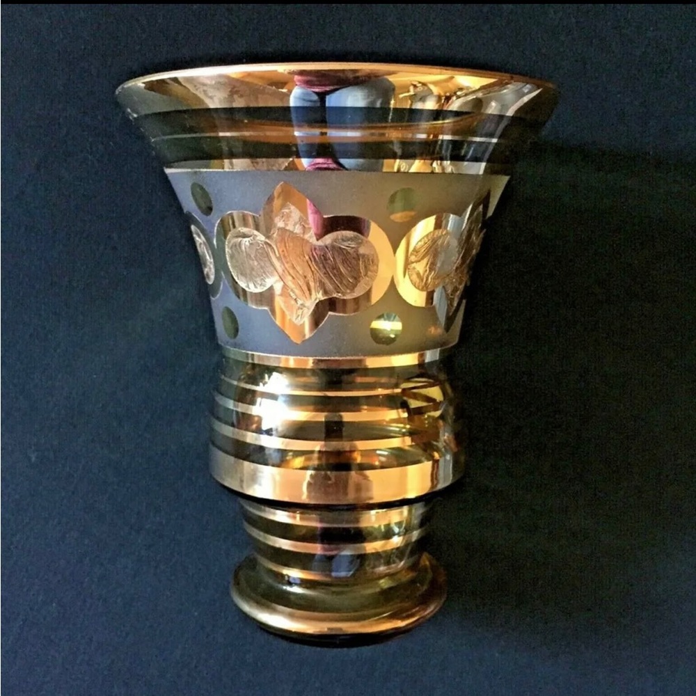 Antique Handpainted Made in Belgium BOOM Gold and Amber Glass Vase Art Deco Rare